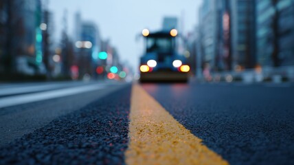 鮮やかな色彩と作業灯が輝く、日本の夜間の都市道路工事