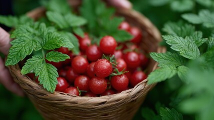 日本のコミュニティガーデンでチェリートマトと豊かな緑が生い茂る活気ある収穫