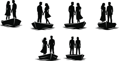 Set of romantic couple silhouettes standing in small wooden rowboat on water holding hands for wedding invitations and love concepts. © Shahadot Creatives