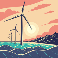 Floating Wind Turbines in Ocean at Sunset Gradient for Renewable Energy Generation and Sustainable Future © Mon