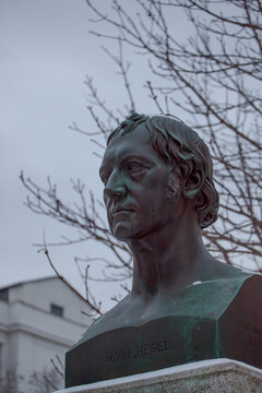 Berlin, Germany - 01. February 2026 - Bust of Philosopher Hegel Covered With Winter Snow