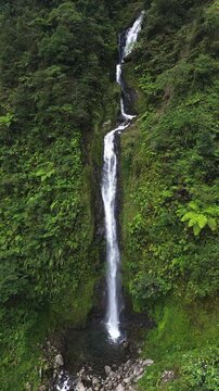 Drone footage in vertical format showcasing Curug Cikawah waterfall descending dramatically through lush rainforest in West Java, Indonesia. Natural cinematic scenery for travel and nature concepts.