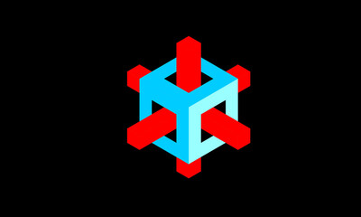 Obraz premium Abstract 3D Cyan Cube Frame with Intersecting Red Bars on Black Background