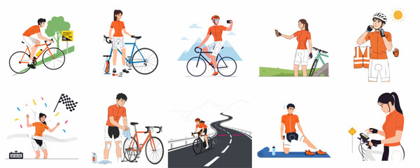 Fototapeta premium Road Cycling Activities Set: From Preparation and Training to Race Finish and Bike Maintenance, Illustrated Steps of Bicycle Sport Life.