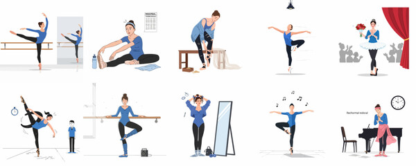 Fototapeta premium The Daily Life and Journey of a Ballerina: Preparation, Intense Practice, Stretching, Rehearsal, and Triumphant Performance Illustration Set.