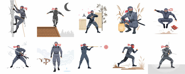 A collection of detailed vector illustrations depicting a skilled ninja warrior performing various stealth, combat, and movement actions in dynamic poses. © Akira