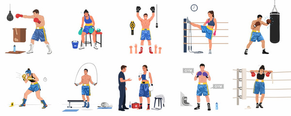 Fototapeta premium Boxing Training and Competition Vector Illustration Set. Athletes punch, jump rope, rest, spar, and celebrate championship victory in the ring or gym.