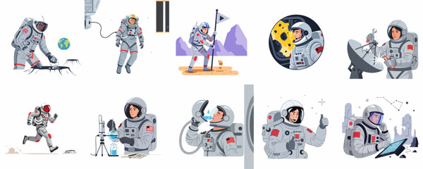 A collection of astronaut illustrations depicting various space exploration, scientific research, EVA, and planetary mission activities. © Akira