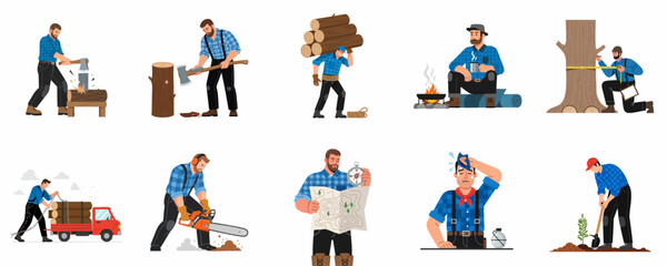 Fototapeta premium Logger and Forester Activity Set: Illustrated collection of men working in the forest, including wood chopping, sawing, measuring, mapping, resting, and planting trees.