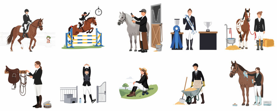 Vector illustration set of equestrian sport and horse care activities: riding competition, show jumping, dressage, grooming, stable work, and achievement awards.