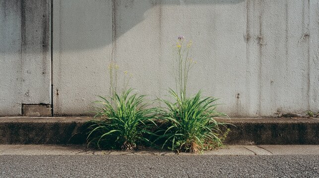 A small patch of green grass grows through a crack in the pavement next to a weathered concrete wall.