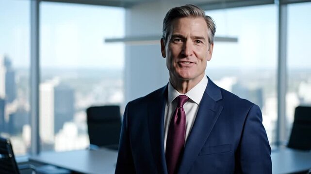 A smiling man in a suit stands in an office with a city view. His smile is genuine