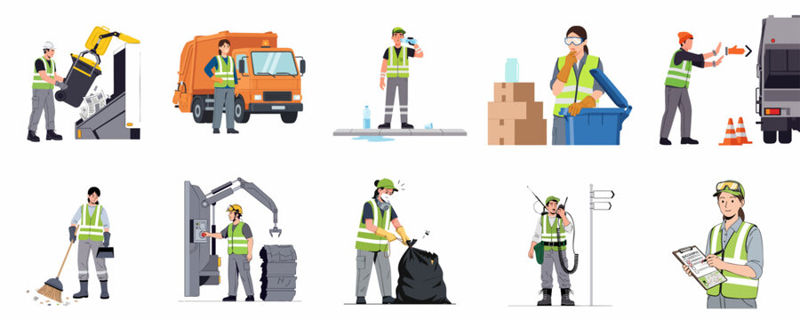 Sanitation Workers and Recycling Professionals Set: Flat vector illustrations showing essential waste management and environmental maintenance roles.