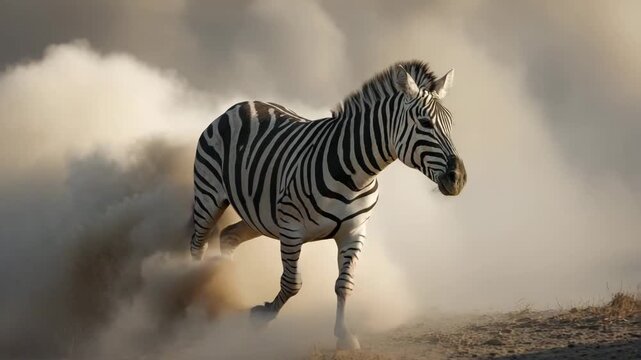 Zebra Running Through Dust in African Savannah Dynamic Wildlife Action Scene