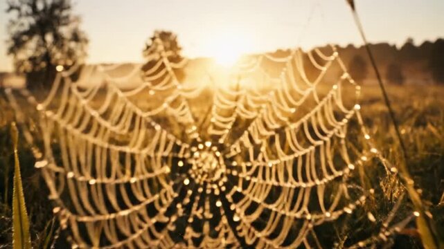 Dewdrops glistening on a spider web in the warm sunrise light, capturing the delicate beauty of nature's intricate designs