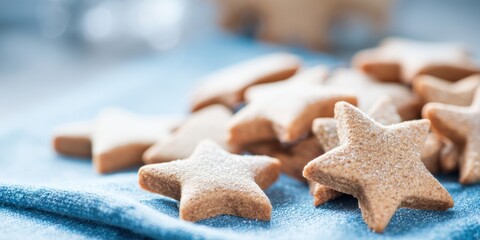 Homemade cinnamon star cookies on blue cloth background