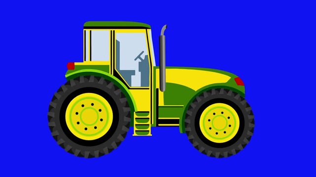 Tractor transport looping animation. green-yellow vehicle vector looping animated on blue screen