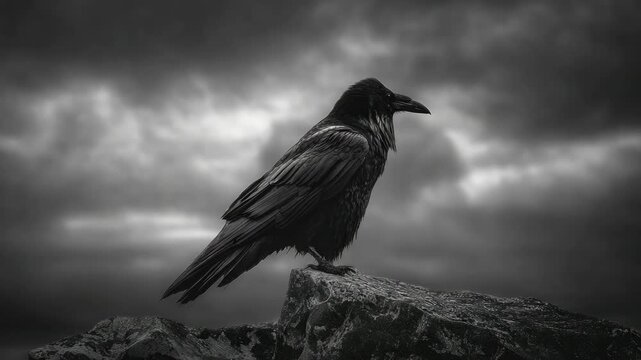Raven Perched on Rock Under Stormy Sky Dark Moody Wildlife Nature Scene
