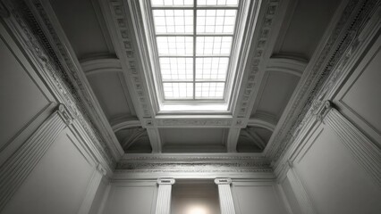 Fototapeta premium Elegant neoclassical ceiling with intricate plaster moldings and a large central skylight. Concept Neoclassical Ceiling, Intricate Plaster Moldings, Large Central Skylight