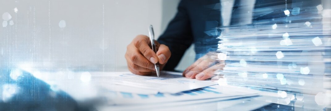 Businessman signing documents at desk with technology overlay