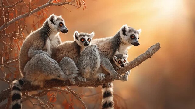 Ring Tailed Lemur Family on Tree Branch at Sunset Wildlife Group in Natural Habitat