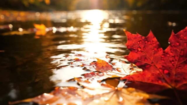 Autumn maple leaf floating on water with sunlight reflection and bokeh effect, suitable for nature themes, seasonal backgrounds, environmental concepts, outdoor imagery, and relaxation visuals.