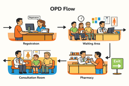 hospital opd patient flow - registration,waiting,pharmacy,consultation