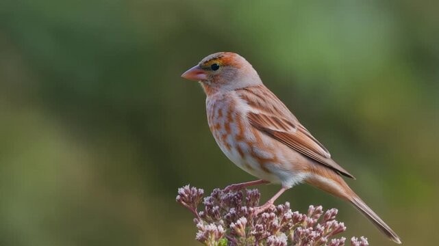 bunting wild life ai Close up of a male red siskin bird perched on a flower with soft green background detail