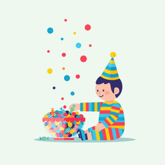 Fototapeta premium Joyful Child Celebrates With Colorful Sweets and Festive Party Attire in Delightful Illustration