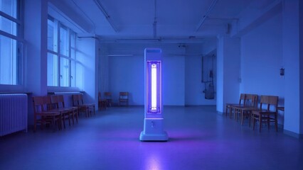Tall ultraviolet disinfection lamp glows purple in an empty room with wooden chairs lining the walls. Concept Ultraviolet disinfection lamp, Purple glow, Empty room, Wooden chairs lining walls