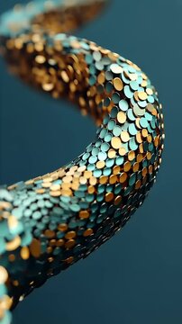 A close-up shot of a metallic object covered in shiny gold and blue sequins on a dark background.