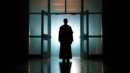 Fototapeta premium Silhouette of a man in a long coat and hat standing in front of open doors, backlit by a bright blue glow. Concept Silhouette Portrait, Long Coat & Hat, Blue Backlight, Open Doors, Cinematic Noir