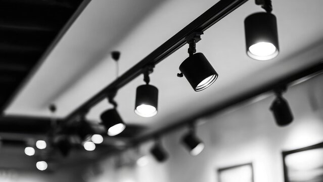Ceiling-mounted track lighting with black cylindrical spotlights. Concept Track lighting, Black cylindrical spotlights, Ceiling-mounted lighting, Modern interior lighting, Accent lighting