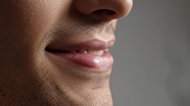 Faint smile detail. Side-lit close-up of a persons mouth only, showing a faint smile with relaxed lips.