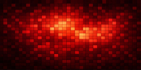 Abstract red background featuring a geometric mosaic pattern of colorful squares and digital pixel art shapes for a seamless technology wallpaper design