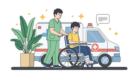 Healthcare worker in green scrubs pushes a young person in a wheelchair with a leg cast. An ambulance and potted plant are in the background. © Risje Kfhe