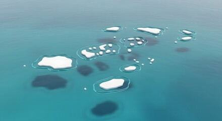 Aerial view of numerous white ice floes and small icebergs scattered across a clear turquoise blue ocean.