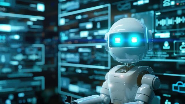 Video A robot standing in front of a futuristic data wall, perfect for tech or innovation-themed projects
