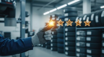 Obraz premium Auto mechanic in glove touching five glowing stars in garage interior. Top rated automotive repair service, professional maintenance feedback and customer excellence ranking evaluation.