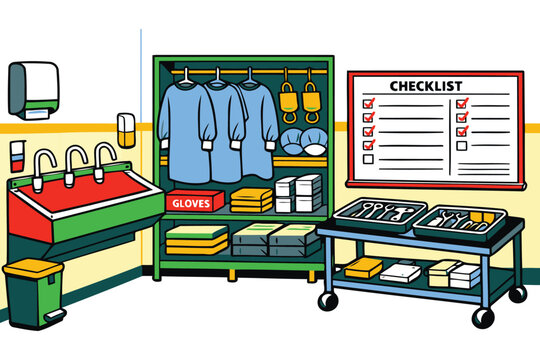 medical scrub room with surgical supplies and checklist
