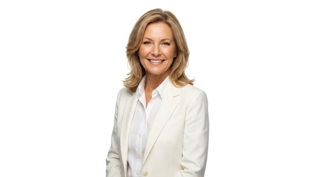 Smiling mature businesswoman in white blazer and collared shirt, professional headshot isolated PNG with Transparent Background