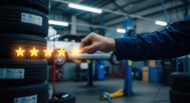 Worker hand selecting five stars rating in car repair service station. Automotive business growth, high quality maintenance evaluation and professional technician performance feedback.