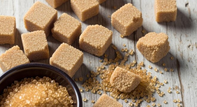 Brown Sugar Cubes and Granules in Bowl on Rustic Wooden Table