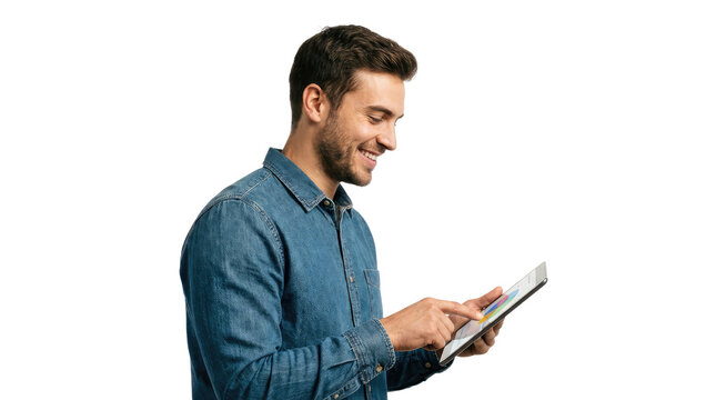 Smiling young man in denim shirt using digital tablet, tapping screen with finger, isolated PNG with Transparent Background