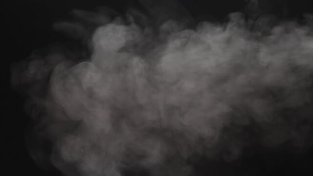 Steam, smoke, vapor isolated on black background. Smoke steam spray, abstract vaporing water, texture of cold mist, hot vapor, fog effect closeup, black screen.  