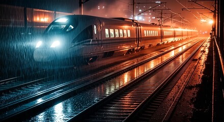 Obraz premium Modern high speed train traveling on wet railway tracks at night with dynamic lighting