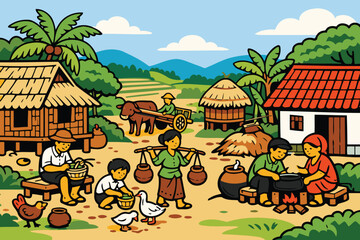 Fototapeta premium rural village life: farming,homes,and daily activities