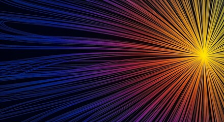 Explosion of thin, colorful light streaks radiating from a bright yellow center against a dark background.
