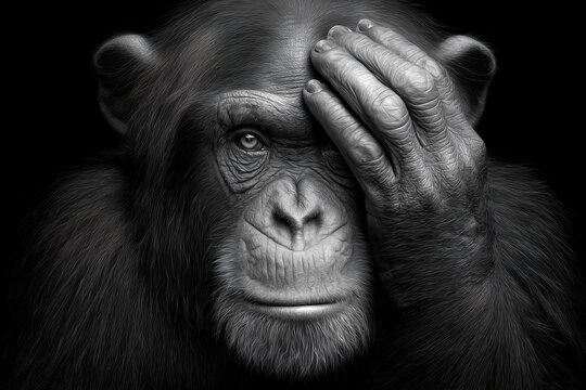 A chimpanzee covering one eye with his hand on black background.