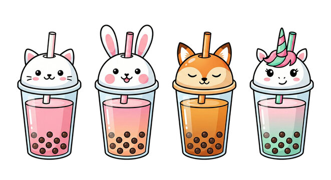Cute animal bubble tea cups with straws and boba